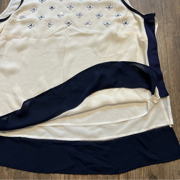 Rena Lange Fashion Show Vintage Silk Cream Blue Sleeveless Floral Embroidered XL - Picture 10 of 17